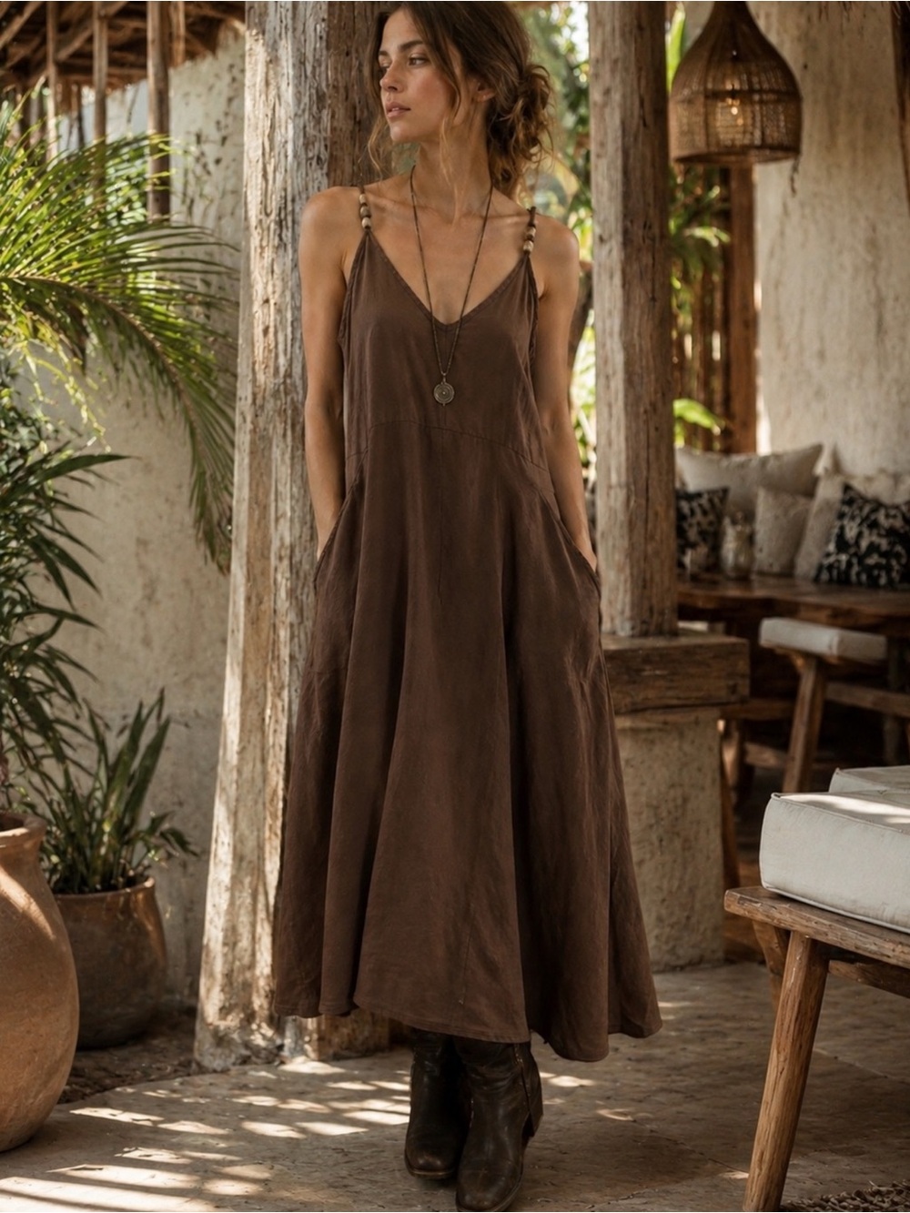 Linen cotton midi Dress Brown